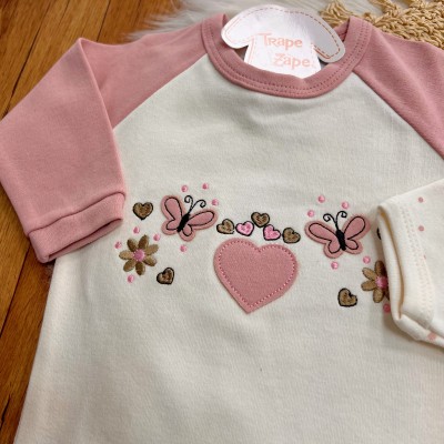 Conj. de Malha 3 peças - Borboletas e Corações - Rose e Off White